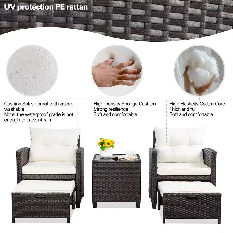 Celebalcony Ensemble de mobilier de jardin 5 pièces, 2 chaises de patio en rotin d'osier PE avec coussins, poufs et table en verre pour porche, jardin, blanc cassé