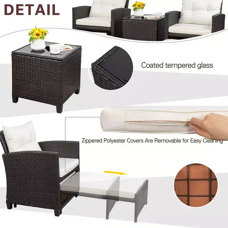 Celebalcony Ensemble de mobilier de jardin 5 pièces, 2 chaises de patio en rotin d'osier PE avec coussins, poufs et table en verre pour porche, jardin, blanc cassé