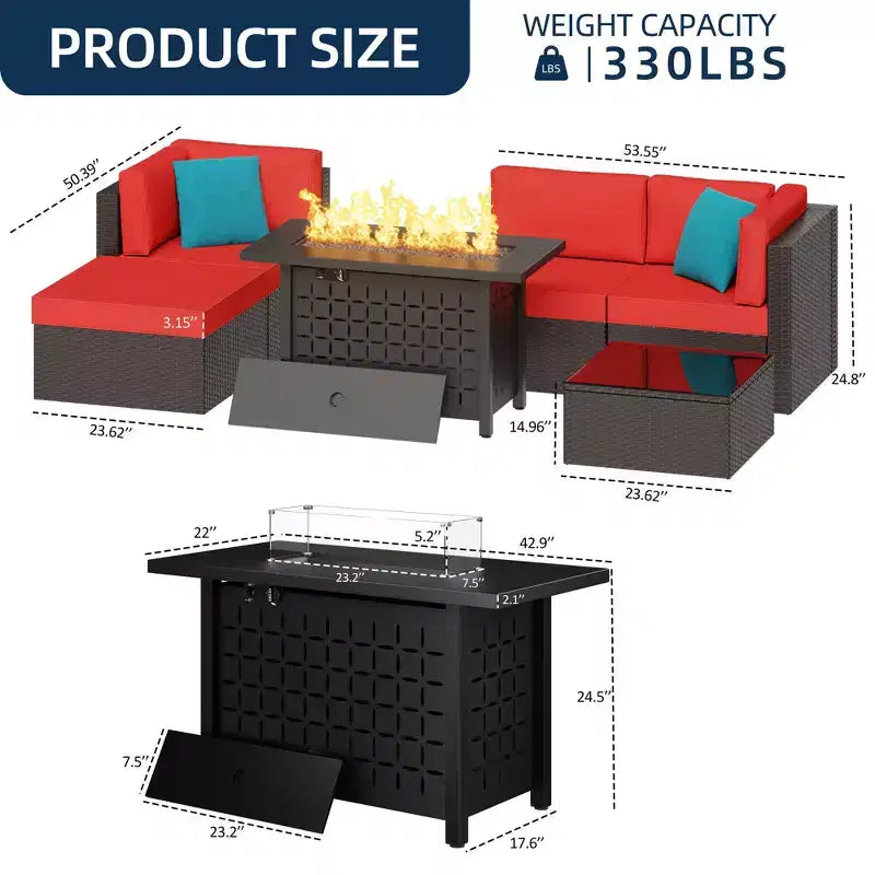 Celebalcony Ensemble de mobilier de jardin 6 pièces avec table brasero de 114 cm. Salon de jardin d'angle en rotin PE avec table en verre