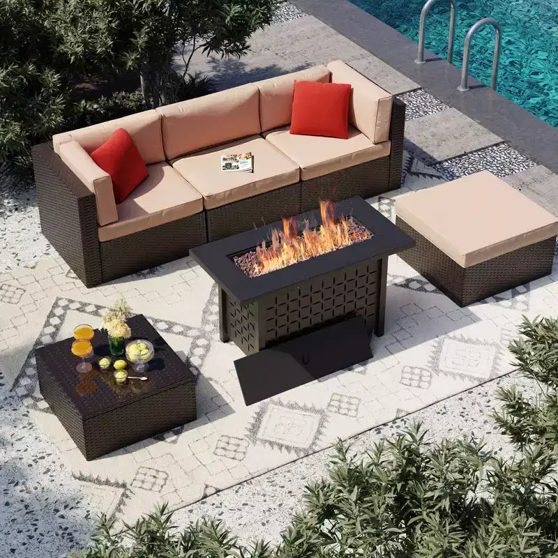 Celebalcony Ensemble de mobilier de jardin 6 pièces avec table brasero de 114 cm. Salon de jardin d'angle en rotin PE avec table en verre