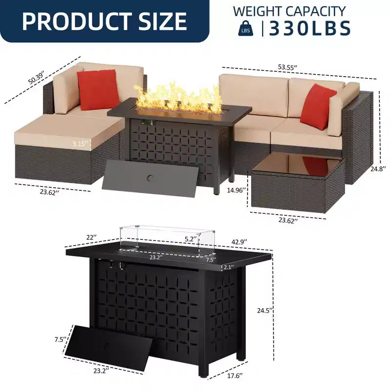 Celebalcony Ensemble de mobilier de jardin 6 pièces avec table brasero de 114 cm. Salon de jardin d'angle en rotin PE avec table en verre
