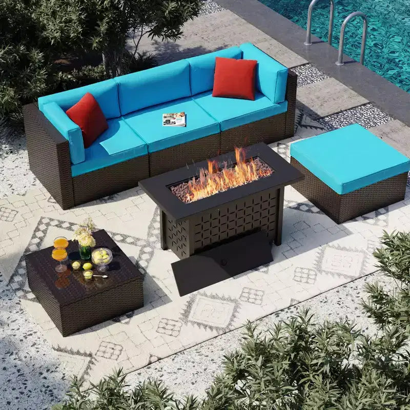 Celebalcony Ensemble de mobilier de jardin 6 pièces avec table brasero de 114 cm. Salon de jardin d'angle en rotin PE avec table en verre