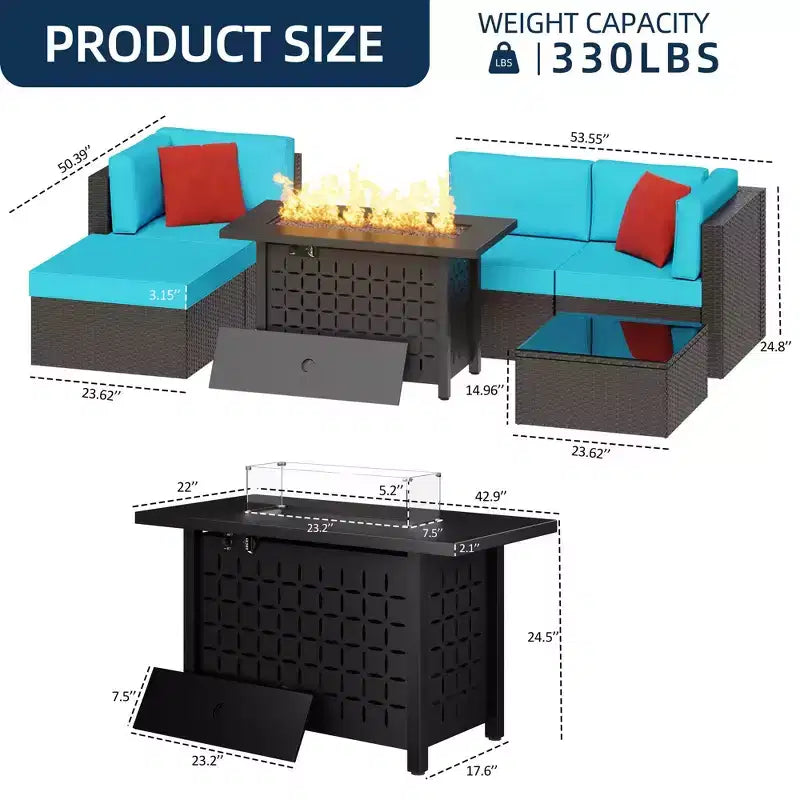 Celebalcony Ensemble de mobilier de jardin 6 pièces avec table brasero de 114 cm. Salon de jardin d'angle en rotin PE avec table en verre
