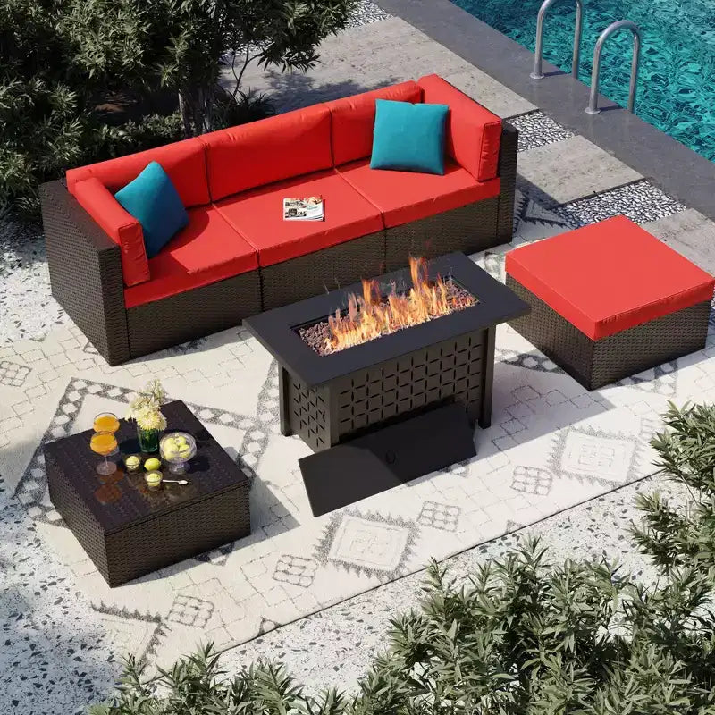 Celebalcony Ensemble de mobilier de jardin 6 pièces avec table brasero de 114 cm. Salon de jardin d'angle en rotin PE avec table en verre