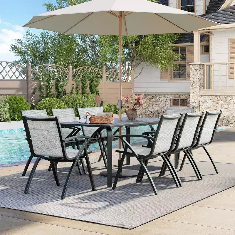 Ensemble de salle à manger d'extérieur 9 pièces COZONY avec table et chaises en aluminium de 180 cm, ensemble de meubles de patio résistant aux intempéries avec trou pour parasol pour 8 personnes