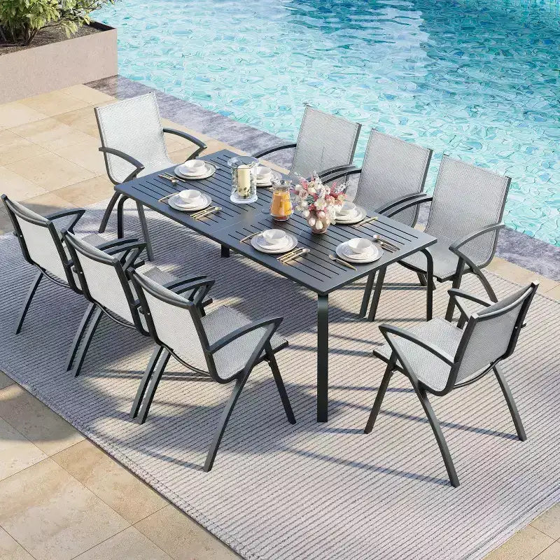 Ensemble de salle à manger d'extérieur 9 pièces COZONY avec table et chaises en aluminium de 180 cm, ensemble de meubles de patio résistant aux intempéries avec trou pour parasol pour 8 personnes