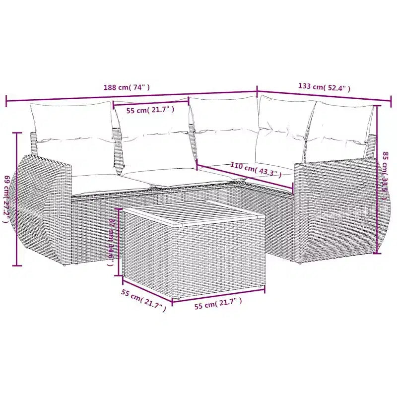 vidaXL Ensemble de canapés de jardin 5 pièces avec coussins en résine tressée gris