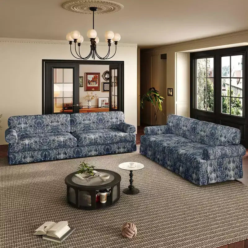 Canapé 3 places Cloud 74" - Canapé en tissu Oxford avec accoudoirs roulés et jupe plissée, motif floral bleu