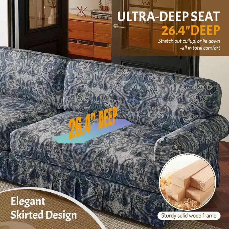 Canapé 3 places Cloud 74" - Canapé en tissu Oxford avec accoudoirs roulés et jupe plissée, motif floral bleu