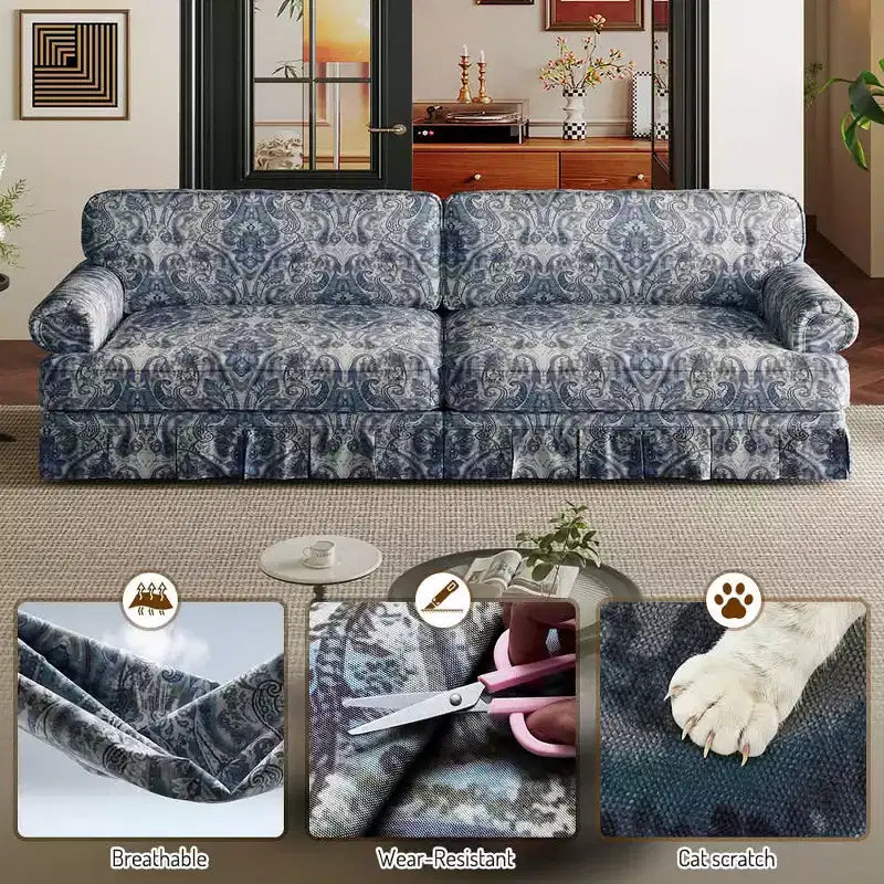 Canapé 3 places Cloud 74" - Canapé en tissu Oxford avec accoudoirs roulés et jupe plissée, motif floral bleu