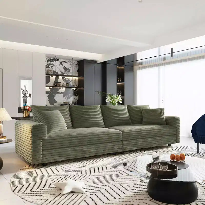 Canapé convertible 4 places en velours côtelé de 259,1 cm avec poufs - Vert