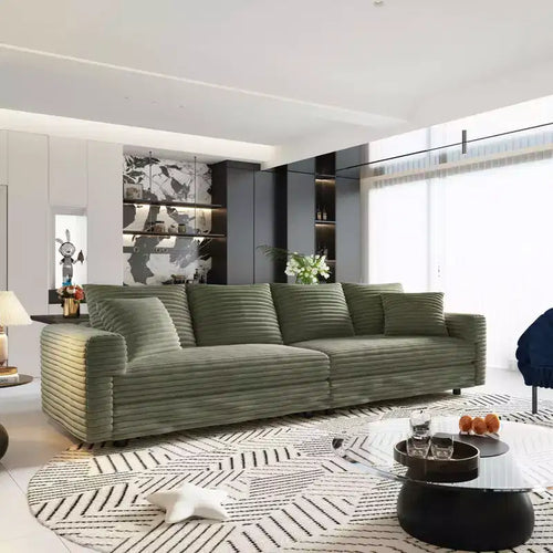 Canapé convertible 4 places en velours côtelé de 259,1 cm avec poufs - Vert