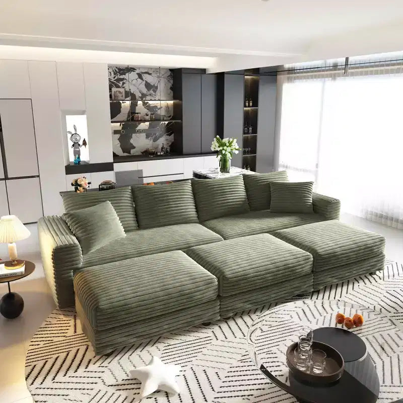 Canapé convertible 4 places en velours côtelé de 259,1 cm avec poufs - Vert
