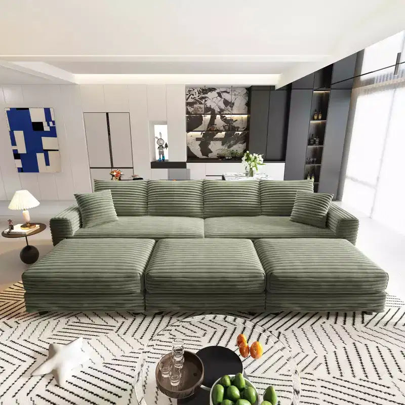 Canapé convertible 4 places en velours côtelé de 259,1 cm avec poufs - Vert