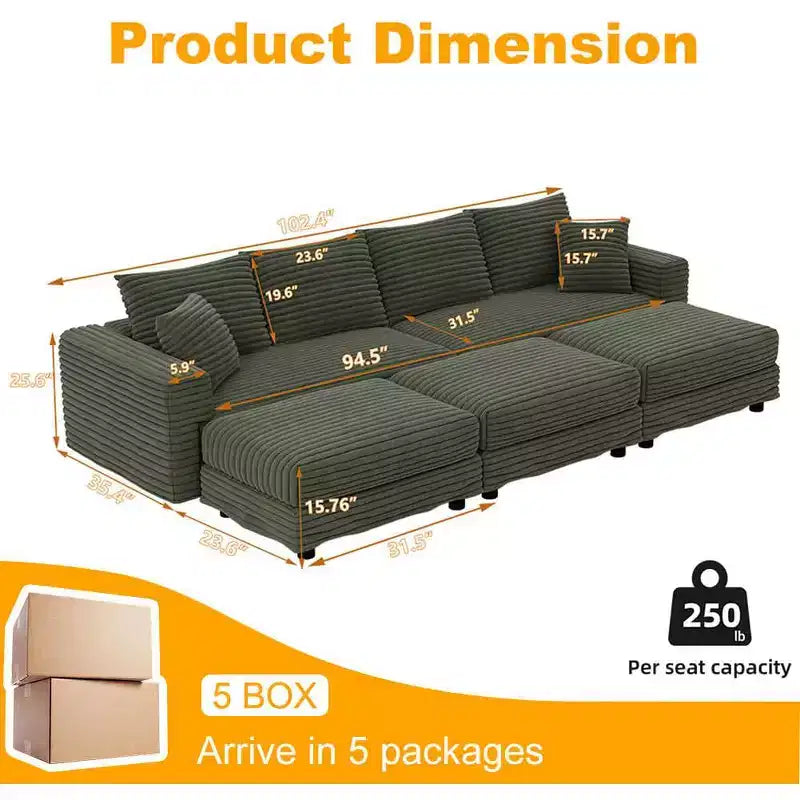 Canapé convertible 4 places en velours côtelé de 259,1 cm avec poufs - Vert