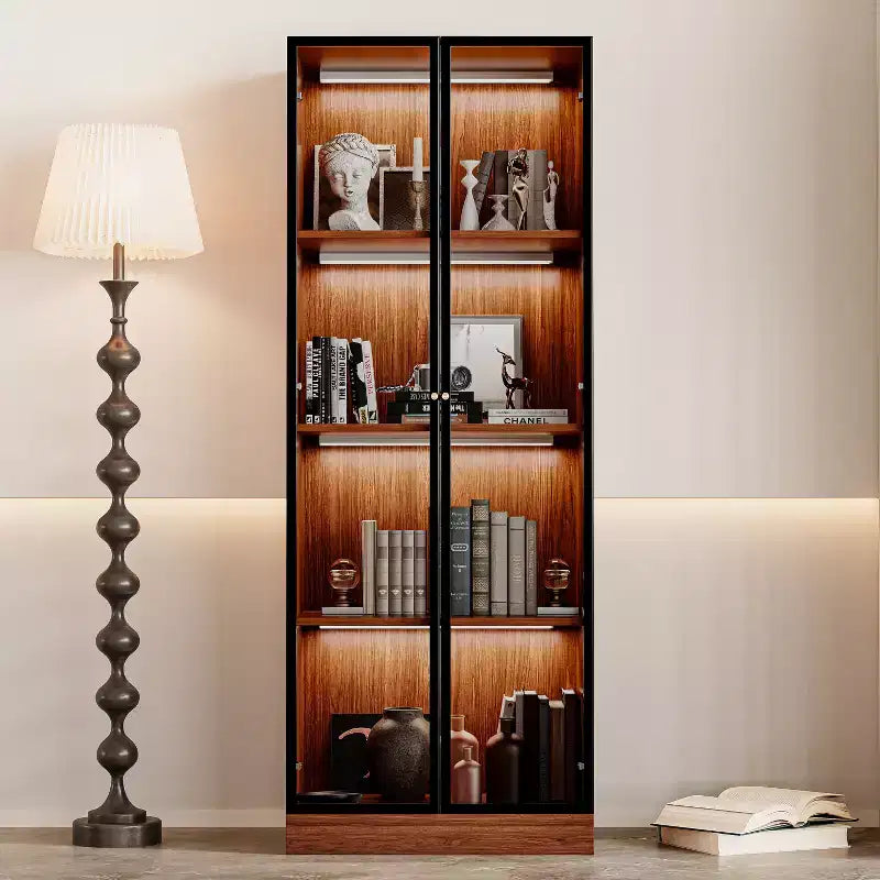 Vitrine chinoise en verre brun de 23,6" avec LED - Étagère de salle à manger moderne du milieu du siècle à 4 niveaux