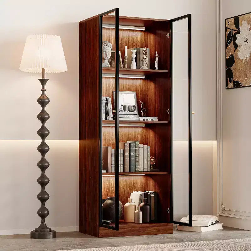 Vitrine chinoise en verre brun de 23,6" avec LED - Étagère de salle à manger moderne du milieu du siècle à 4 niveaux