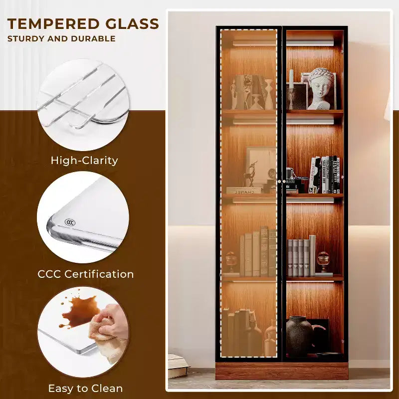 Vitrine chinoise en verre brun de 23,6" avec LED - Étagère de salle à manger moderne du milieu du siècle à 4 niveaux