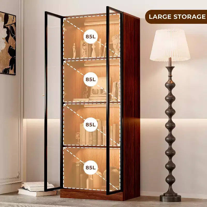 Vitrine chinoise en verre brun de 23,6" avec LED - Étagère de salle à manger moderne du milieu du siècle à 4 niveaux