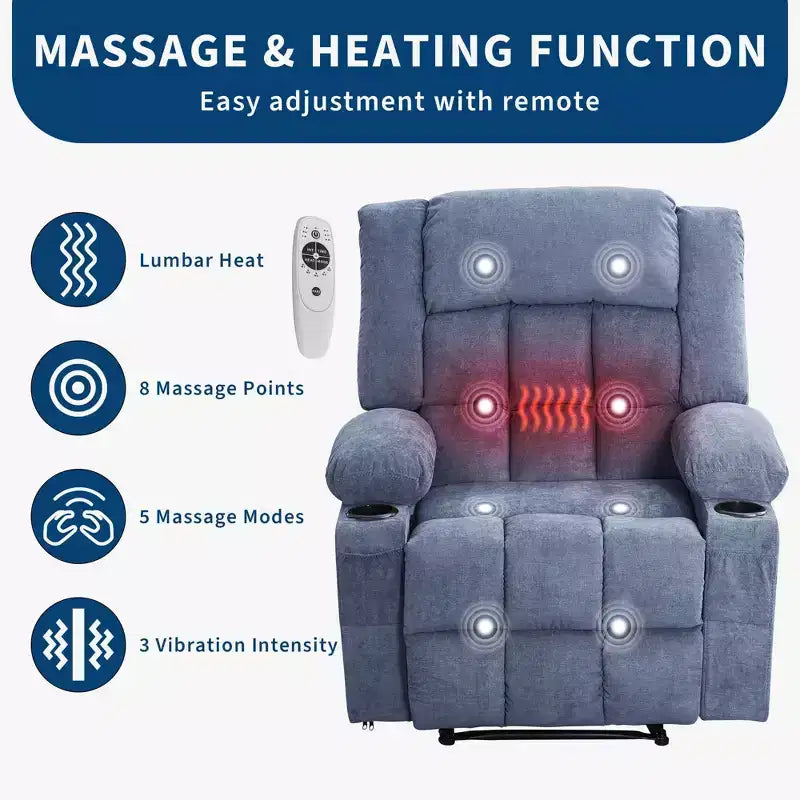 Fauteuil inclinable avec massage et chaleur, fauteuil à bascule avec poches latérales et porte-gobelet