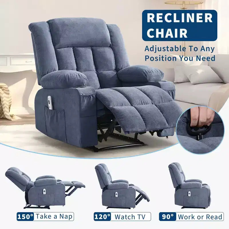 Fauteuil inclinable avec massage et chaleur, fauteuil à bascule avec poches latérales et porte-gobelet