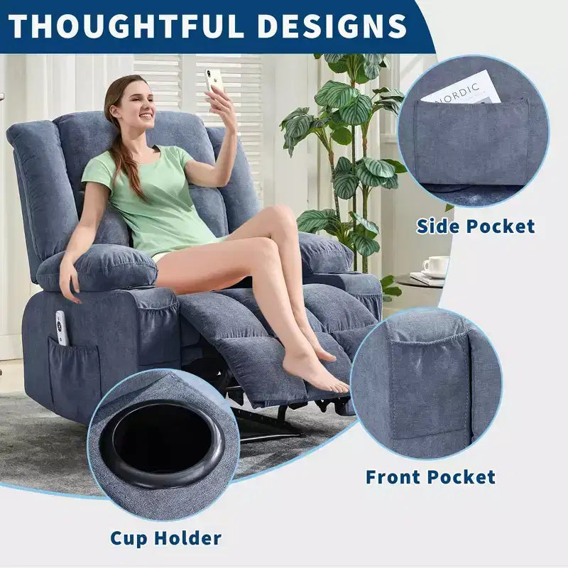 Fauteuil inclinable avec massage et chaleur, fauteuil à bascule avec poches latérales et porte-gobelet