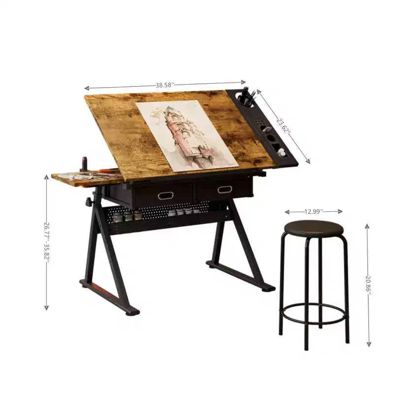 Table à dessin et de croquis réglable avec 2 tiroirs pour le bureau à domicile et l'école avec tabouret (marron)