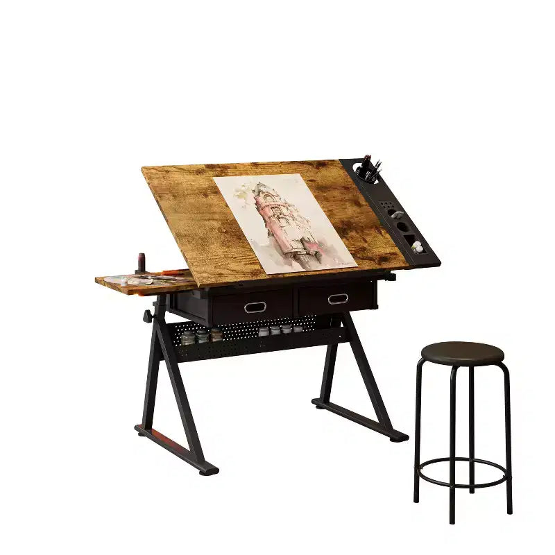 Table à dessin et de croquis réglable avec 2 tiroirs pour le bureau à domicile et l'école avec tabouret (marron)
