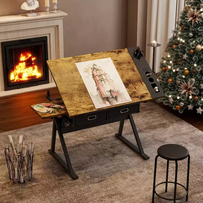 Table à dessin et de croquis réglable avec 2 tiroirs pour le bureau à domicile et l'école avec tabouret (marron)