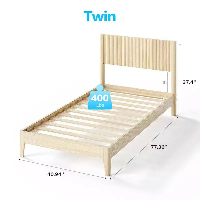 Cadre de lit simple en bois massif avec tête de lit à barreaux