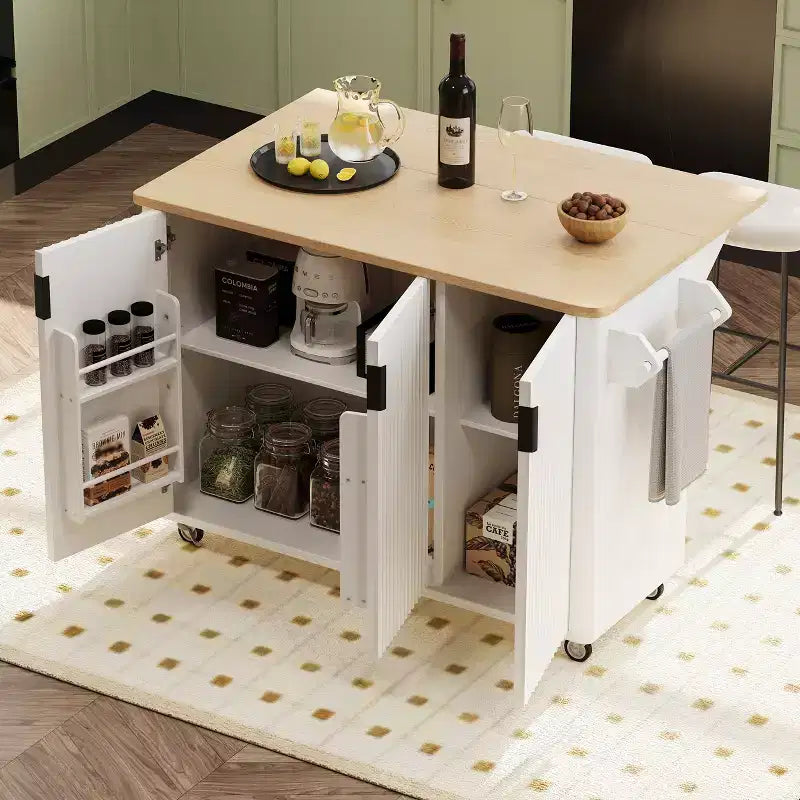 Îlot de cuisine cannelé de style campagnard de 51" avec abattant, roulettes et étagère de rangement interne
