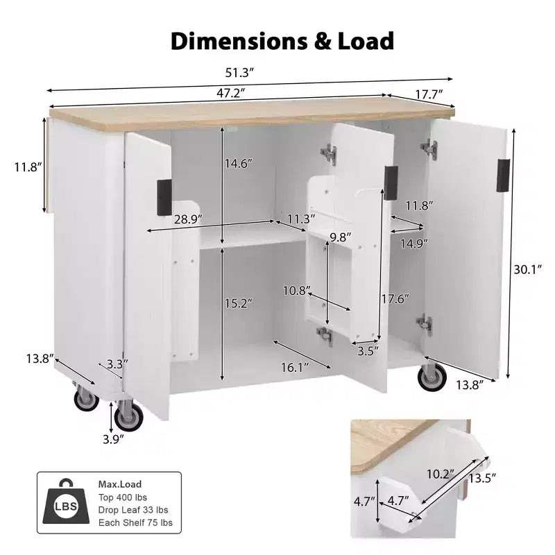 Îlot de cuisine cannelé de style campagnard de 51" avec abattant, roulettes et étagère de rangement interne