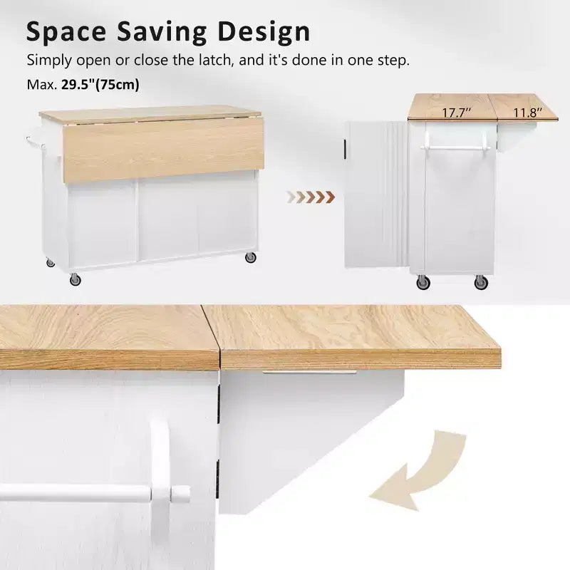 Îlot de cuisine cannelé de style campagnard de 51" avec abattant, roulettes et étagère de rangement interne
