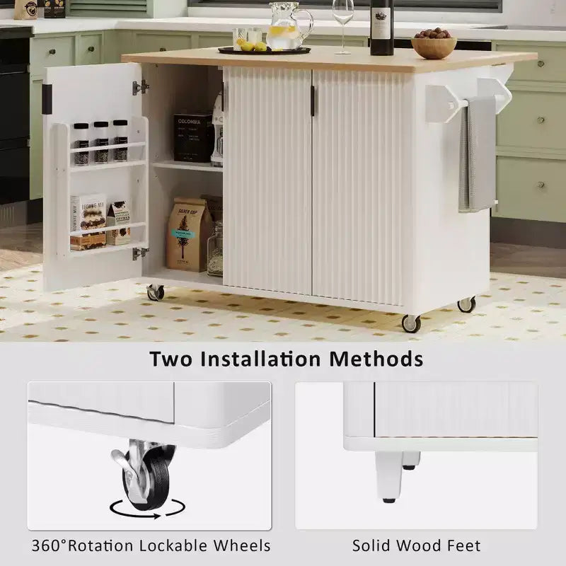 Îlot de cuisine cannelé de style campagnard de 51" avec abattant, roulettes et étagère de rangement interne