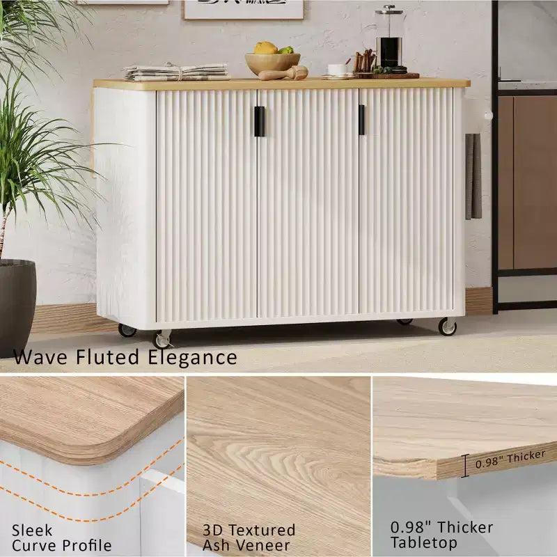 Îlot de cuisine cannelé de style campagnard de 51" avec abattant, roulettes et étagère de rangement interne