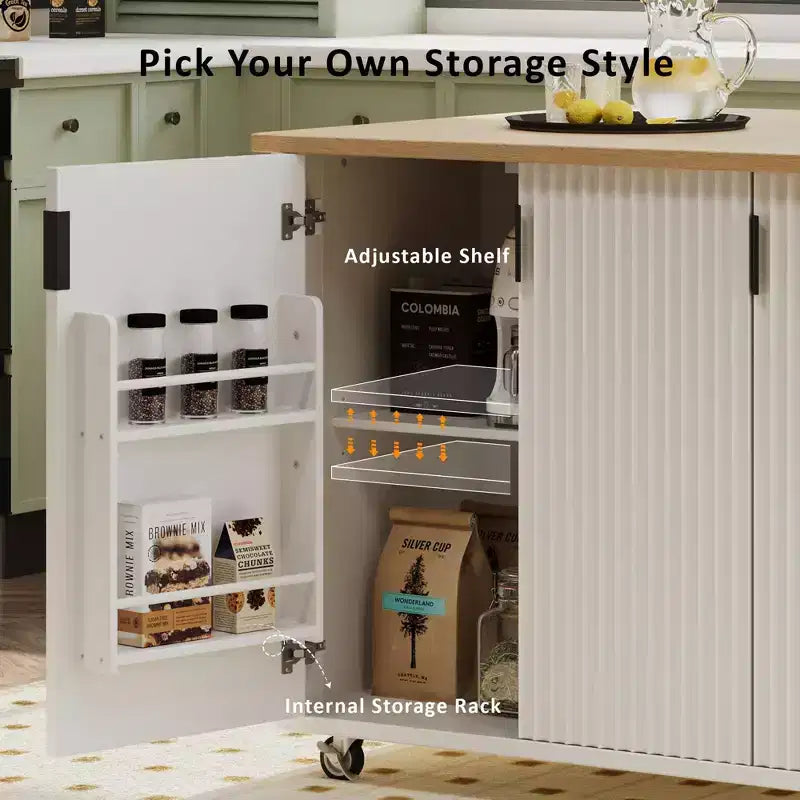 Îlot de cuisine cannelé de style campagnard de 51" avec abattant, roulettes et étagère de rangement interne