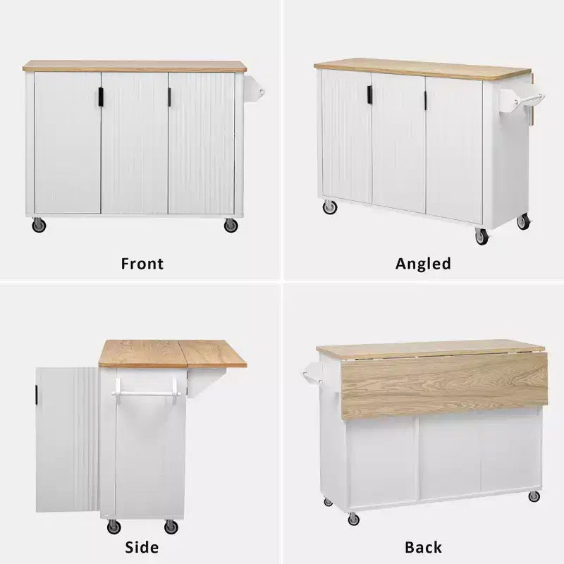Îlot de cuisine cannelé de style campagnard de 51" avec abattant, roulettes et étagère de rangement interne