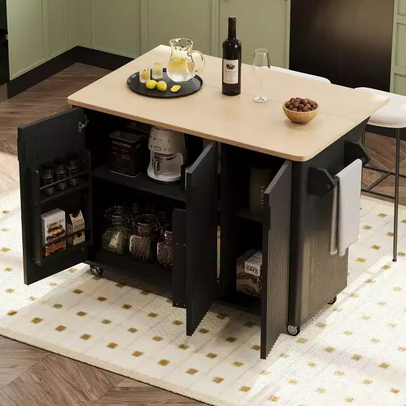 Îlot de cuisine cannelé de style campagnard de 51" avec abattant, roulettes et étagère de rangement interne