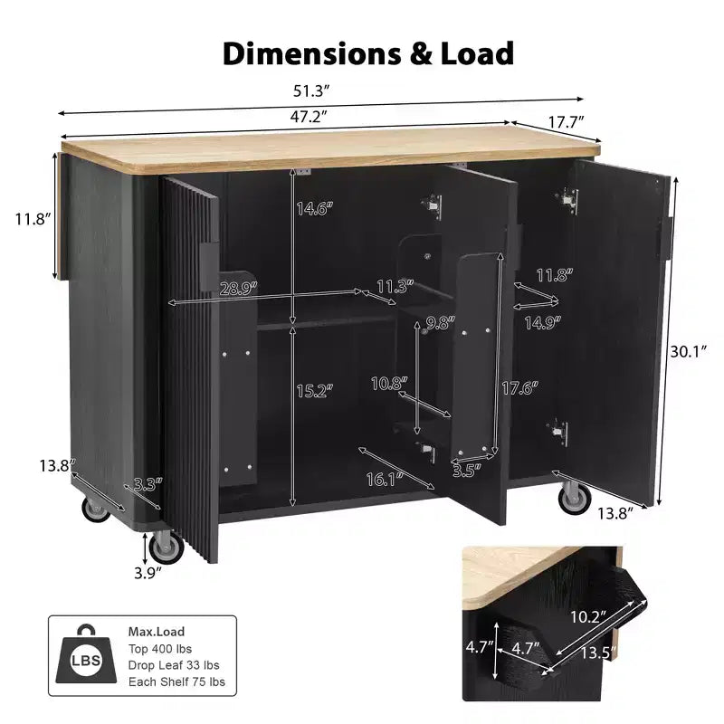 Îlot de cuisine cannelé de style campagnard de 51" avec abattant, roulettes et étagère de rangement interne