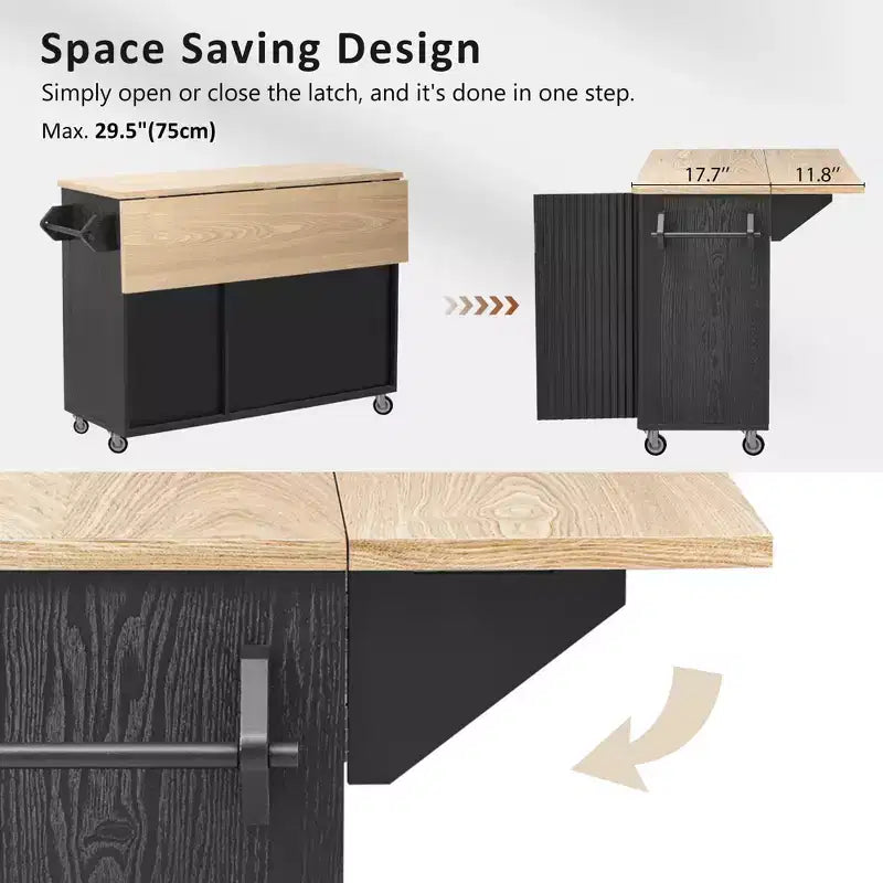 Îlot de cuisine cannelé de style campagnard de 51" avec abattant, roulettes et étagère de rangement interne