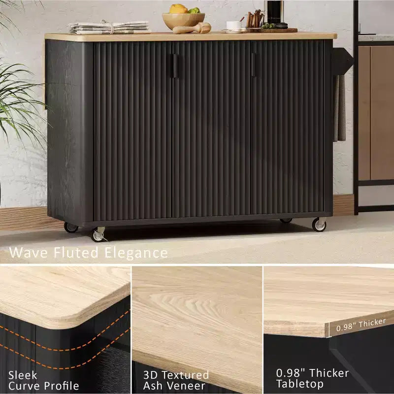 Îlot de cuisine cannelé de style campagnard de 51" avec abattant, roulettes et étagère de rangement interne