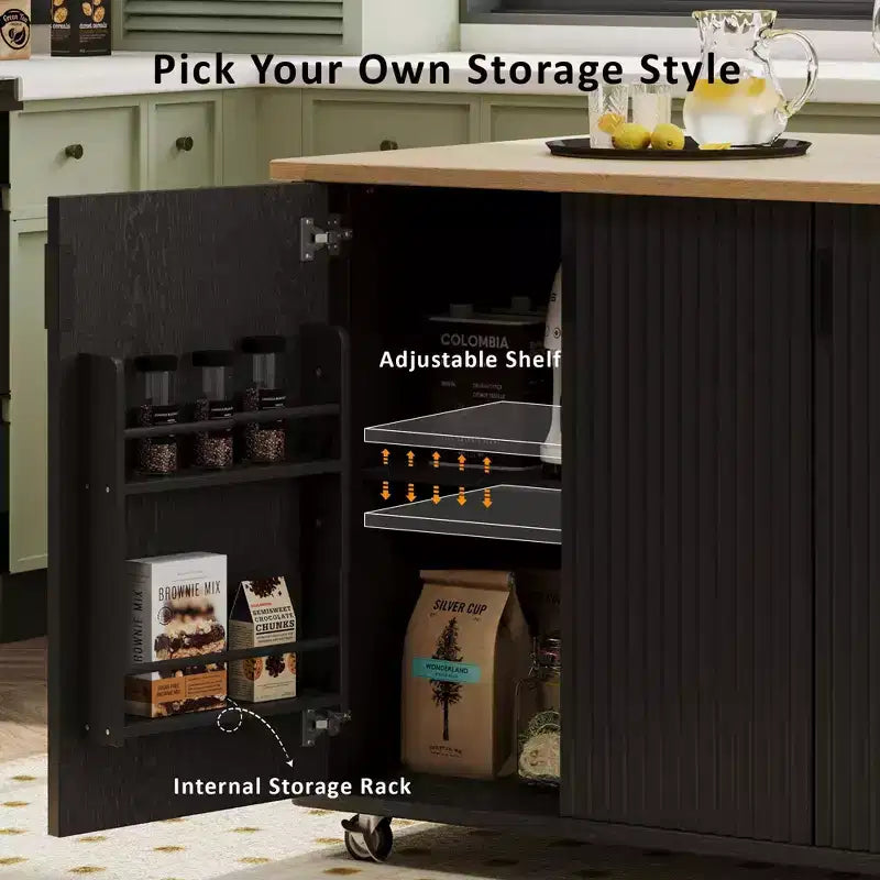 Îlot de cuisine cannelé de style campagnard de 51" avec abattant, roulettes et étagère de rangement interne