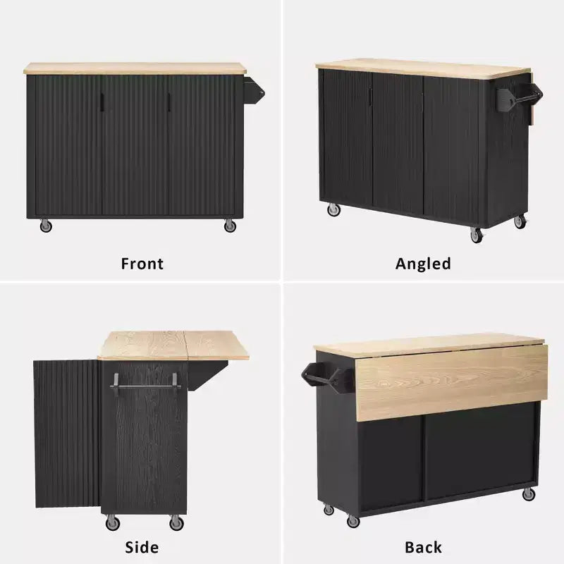 Îlot de cuisine cannelé de style campagnard de 51" avec abattant, roulettes et étagère de rangement interne