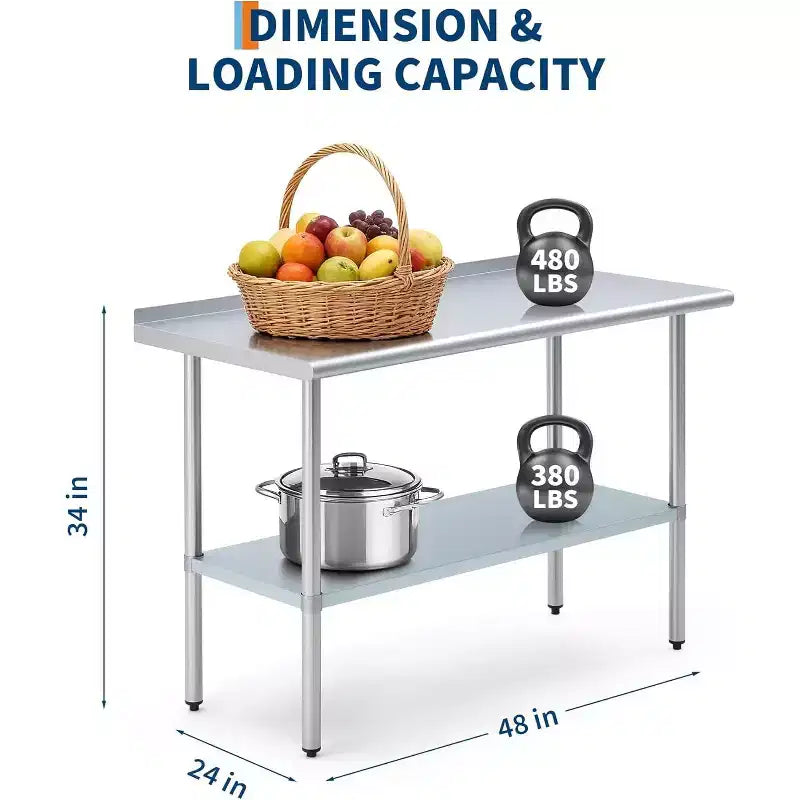 Table de préparation en acier inoxydable 60x120cm, table de travail de cuisine commerciale avec dosseret et étagère inférieure réglable, table de préparation des aliments en métal pour restaurant