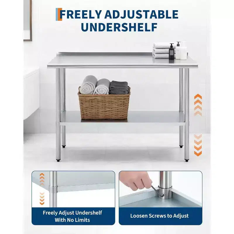 Table de préparation en acier inoxydable 60x120cm, table de travail de cuisine commerciale avec dosseret et étagère inférieure réglable, table de préparation des aliments en métal pour restaurant