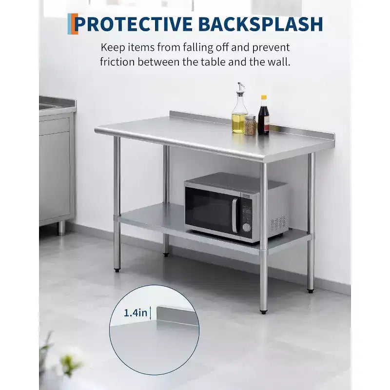 Table de préparation en acier inoxydable 60x120cm, table de travail de cuisine commerciale avec dosseret et étagère inférieure réglable, table de préparation des aliments en métal pour restaurant