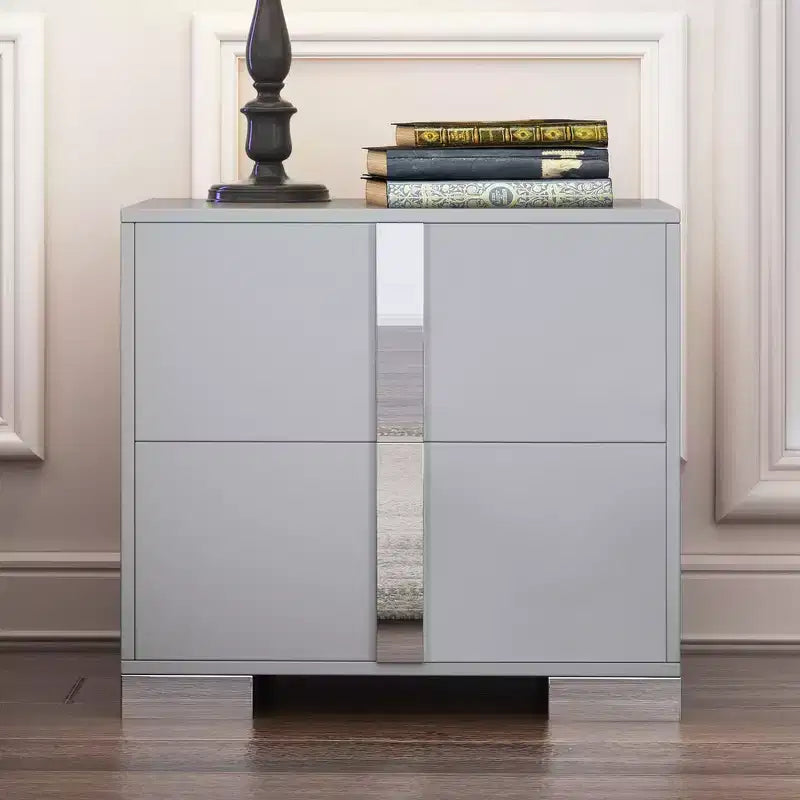 Table de chevet élégante à miroir avec 2 tiroirs et pieds en métal