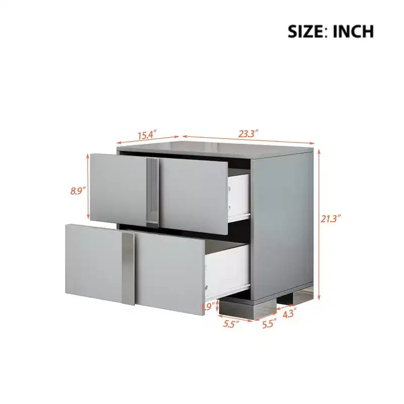 Table de chevet élégante à miroir avec 2 tiroirs et pieds en métal
