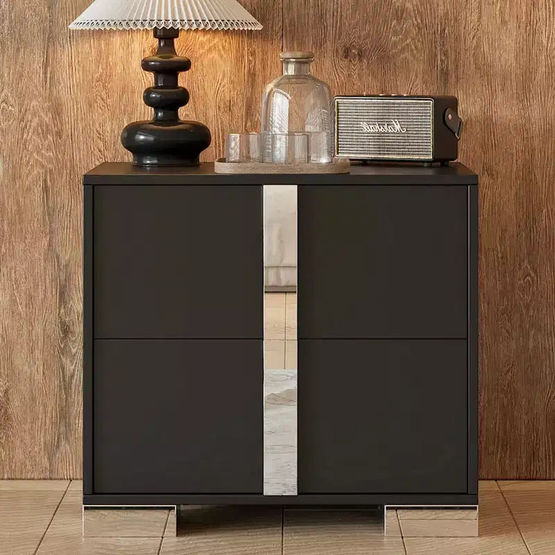 Table de chevet élégante à miroir avec 2 tiroirs et pieds en métal