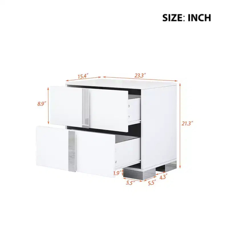 Table de chevet élégante à miroir avec 2 tiroirs et pieds en métal